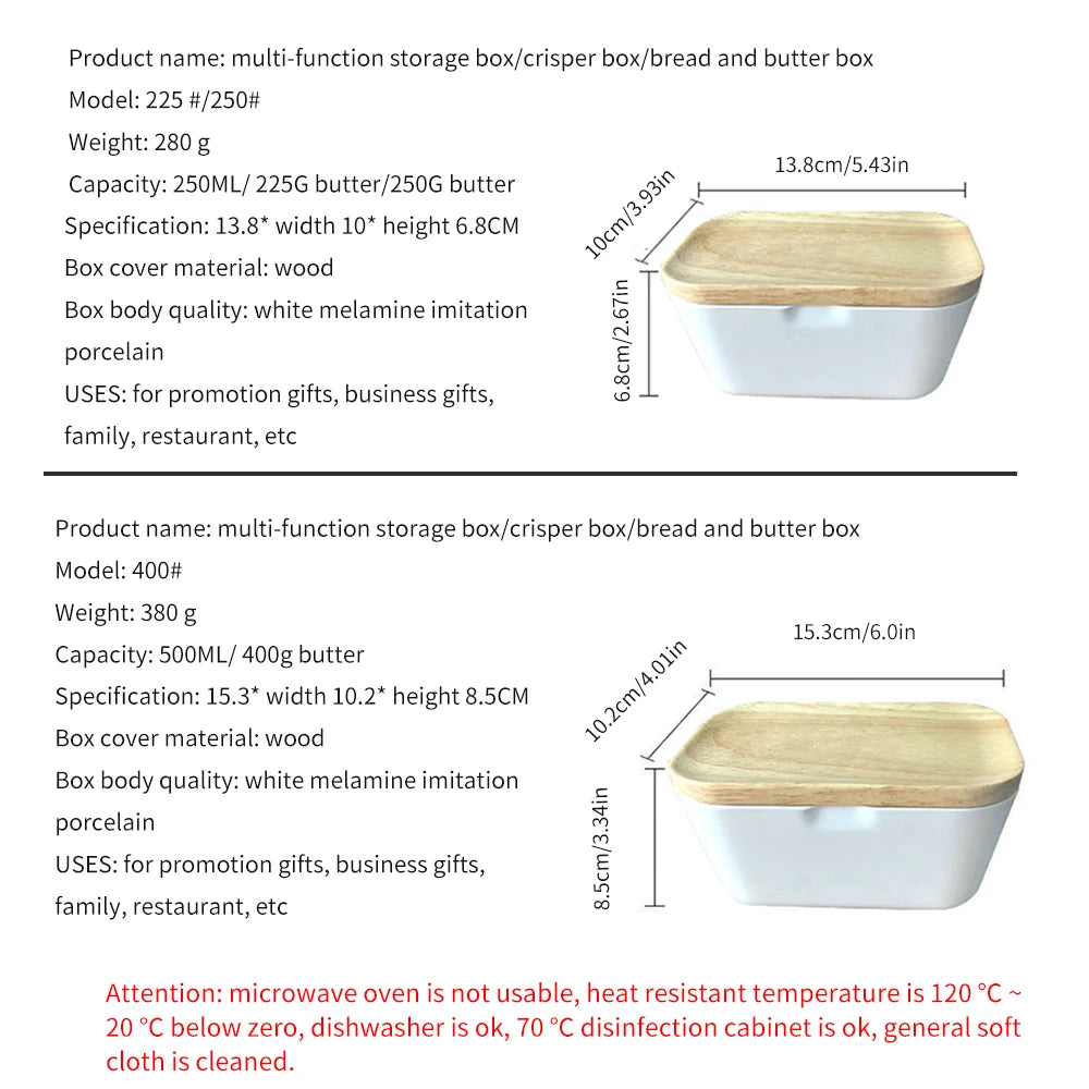 225/250/400g Butter Box Dish With Lid Holder Storage Container Wood Serving Box Hotel Kitchen Tools Dinnerware Tableware