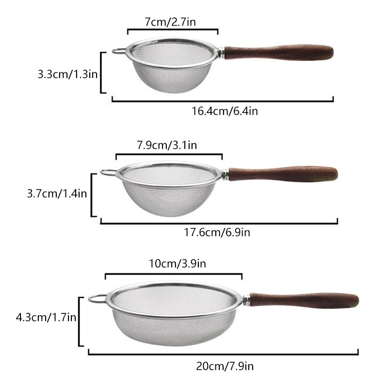 Wooden Handle Stainless Steel Small Colander Fine Mesh Oil Strainer Multi-function Filter Mesh Flour Sifter Kitchen Baking Tools