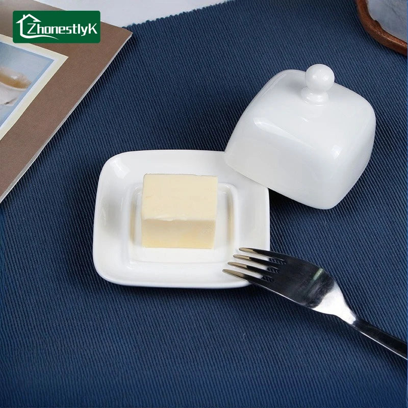 Ceramic Butter Storage Box Butter Cheese Fresh-Keeping Box with Lid Cake Fruit Dish Restaurant Hotel Kitchen Dish