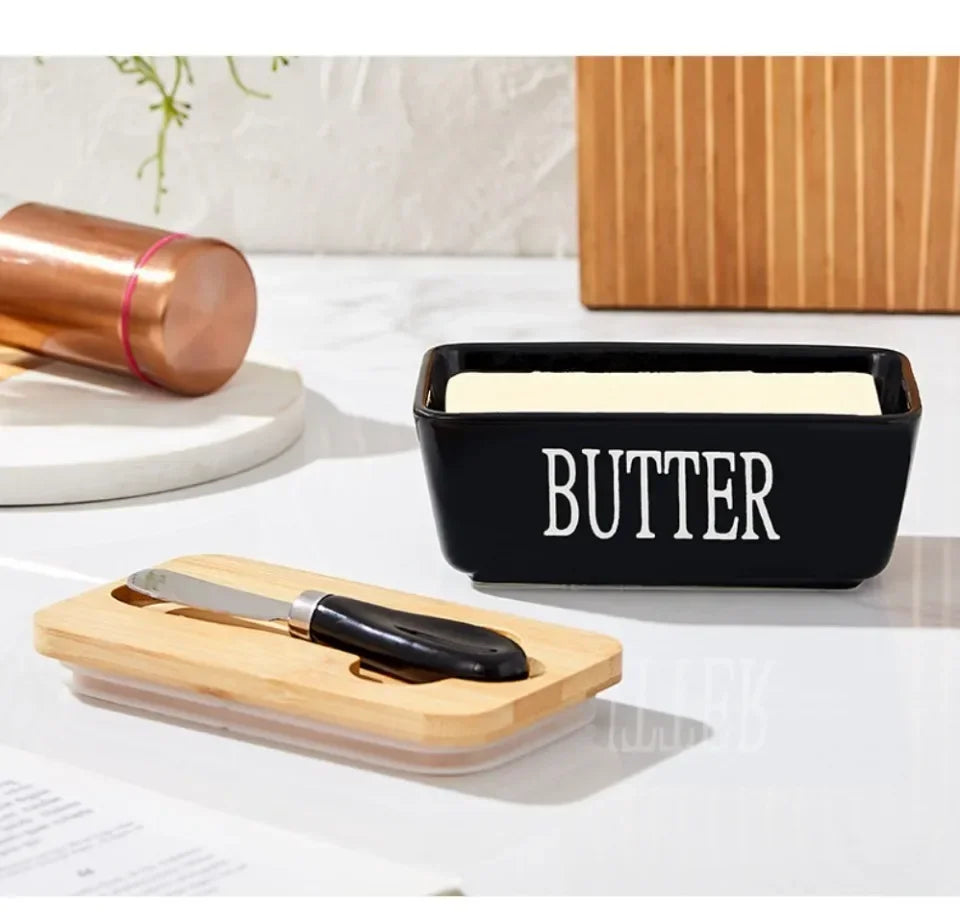 1pc Ceramic Butter Cheese Container Box Household Kitchen Restaurant Butter Storage Box with Knife Bamboo Wood Lid Butter Box
