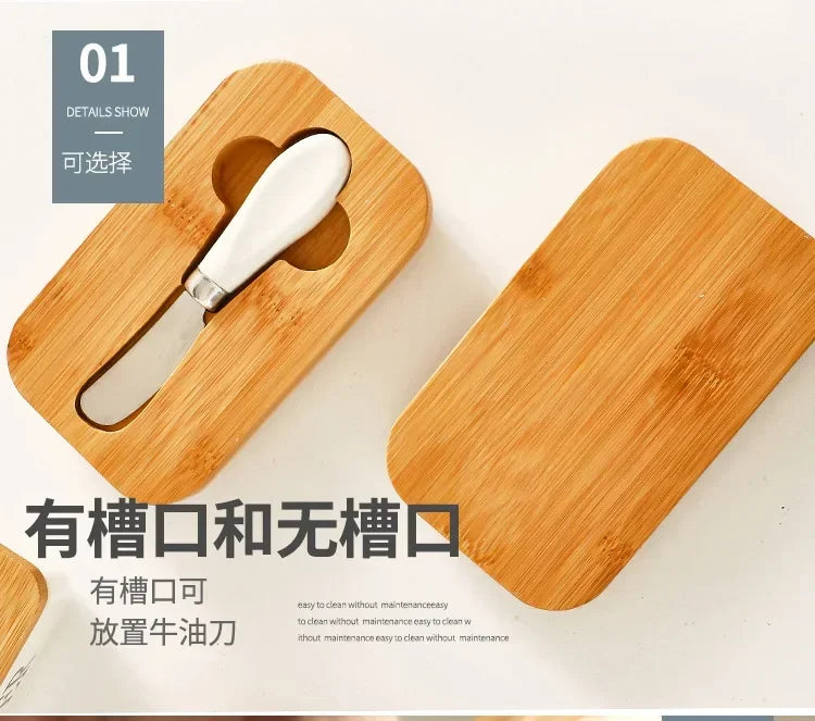 Butter Container Ceramic Box Restaurant Sealed Storage Box Cheese Box with Knife Butter Slicer Butter Dish Tableware