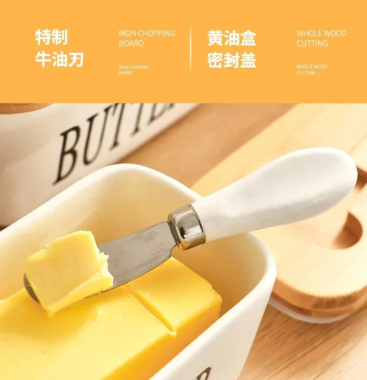 Butter Container Ceramic Box Restaurant Sealed Storage Box Cheese Box with Knife Butter Slicer Butter Dish Tableware
