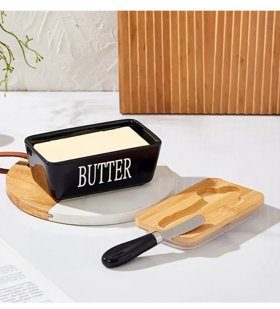 1pc Ceramic Butter Cheese Container Box Household Kitchen Restaurant Butter Storage Box with Knife Bamboo Wood Lid Butter Box