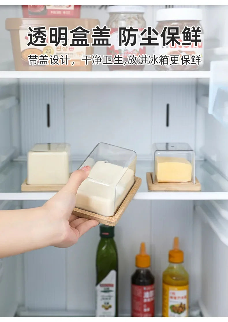 Nordic Countertop Bamboo Butter Dish Plate with Transparent Acrylic Lid Kitchen Storage Butter Container Box Butter Tableware