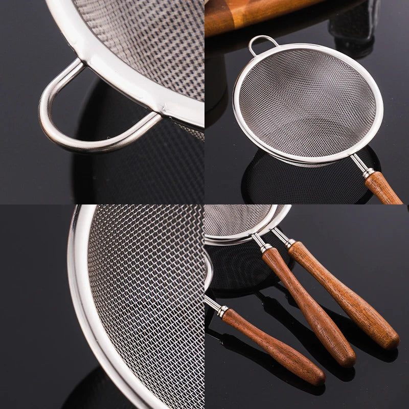 Wooden Handle Stainless Steel Small Colander Fine Mesh Oil Strainer Multi-function Filter Mesh Flour Sifter Kitchen Baking Tools