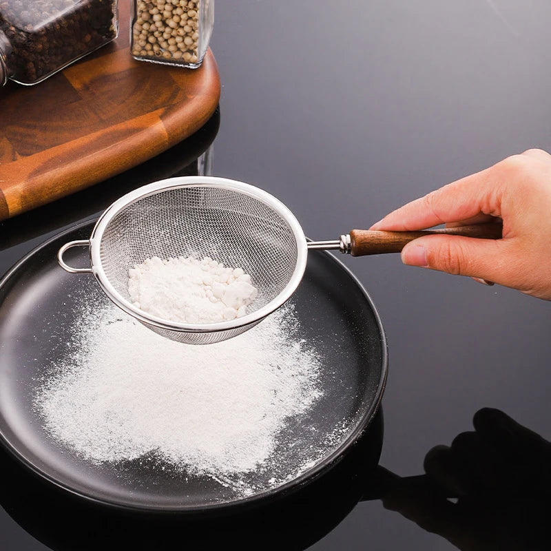 Wooden Handle Stainless Steel Small Colander Fine Mesh Oil Strainer Multi-function Filter Mesh Flour Sifter Kitchen Baking Tools