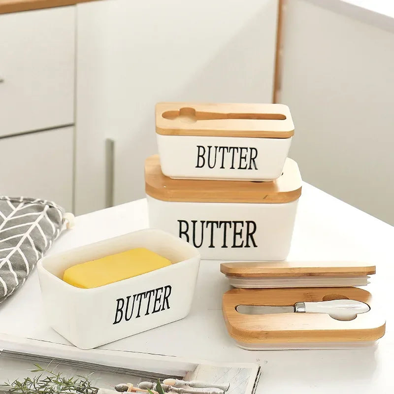 Butter Container Ceramic Box Restaurant Sealed Storage Box Cheese Box with Knife Butter Slicer Butter Dish Tableware