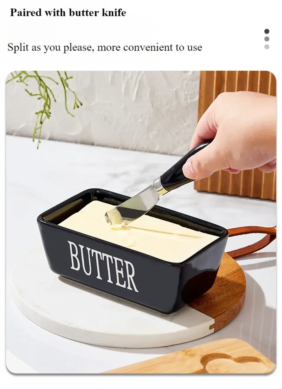 1pc Ceramic Butter Cheese Container Box Household Kitchen Restaurant Butter Storage Box with Knife Bamboo Wood Lid Butter Box