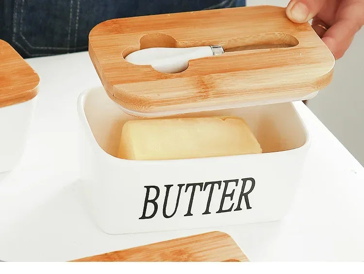 Butter Container Ceramic Box Restaurant Sealed Storage Box Cheese Box with Knife Butter Slicer Butter Dish Tableware