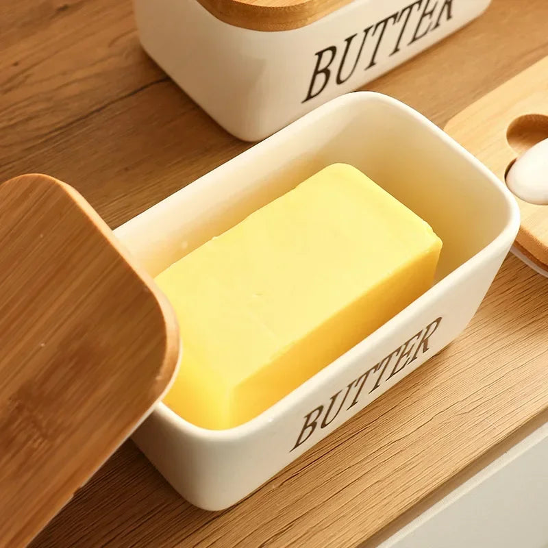 Butter Container Ceramic Box Restaurant Sealed Storage Box Cheese Box with Knife Butter Slicer Butter Dish Tableware