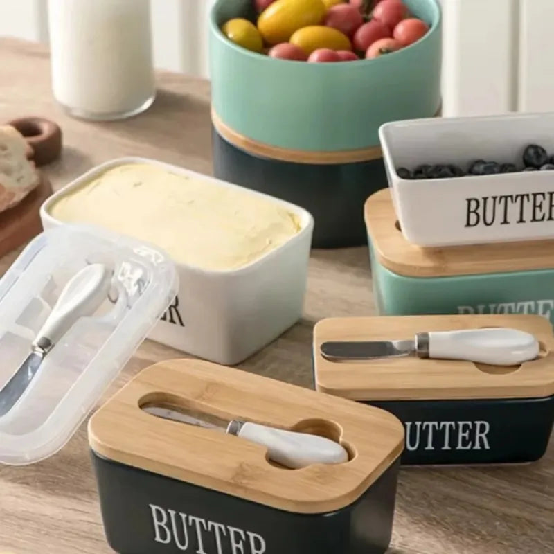 1pc Ceramic Butter Cheese Container Box Household Kitchen Restaurant Butter Storage Box with Knife Bamboo Wood Lid Butter Box