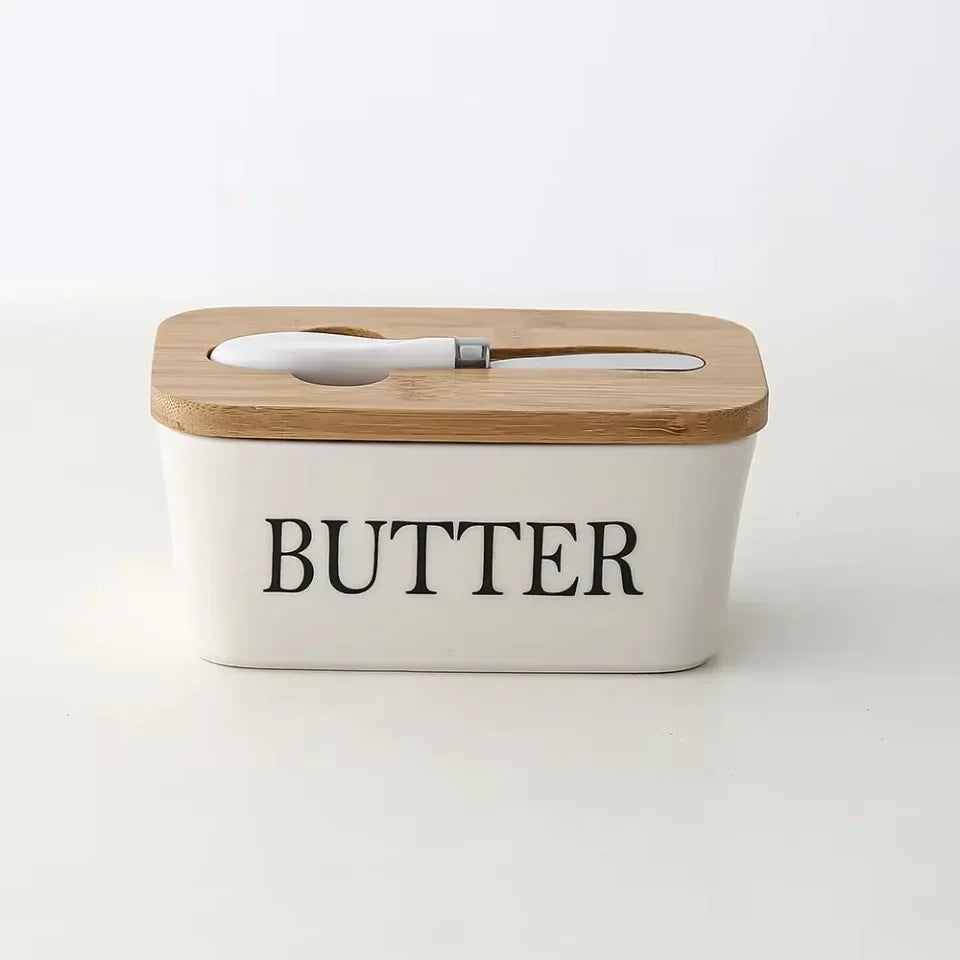 1pc Ceramic Butter Cheese Container Box Household Kitchen Restaurant Butter Storage Box with Knife Bamboo Wood Lid Butter Box