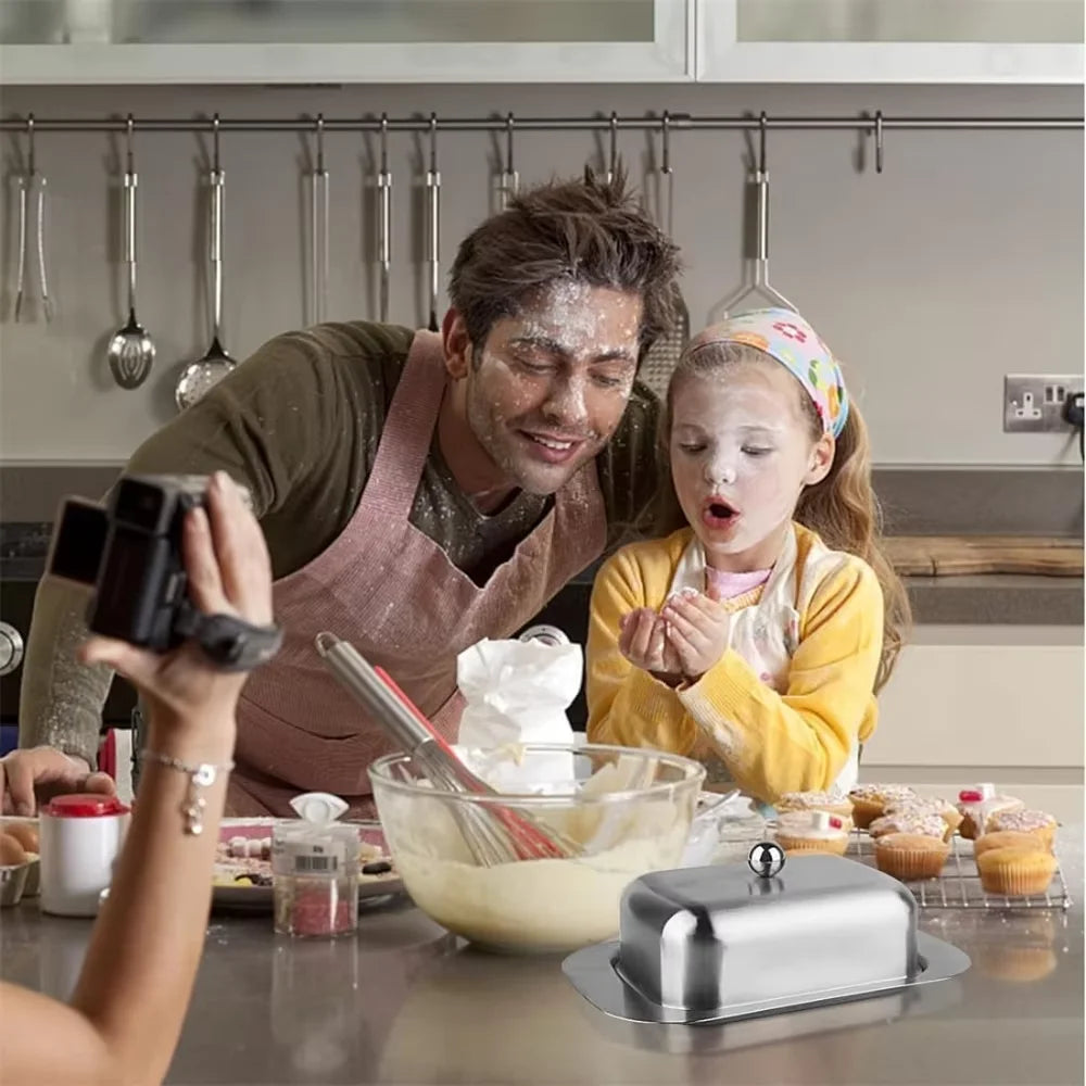 7 Inch Butter Dish Solid Stainless Steel Butter Dish Cheese Container Butter Storage Box Tray with Easy Grip Lid Kitchen Cutlery