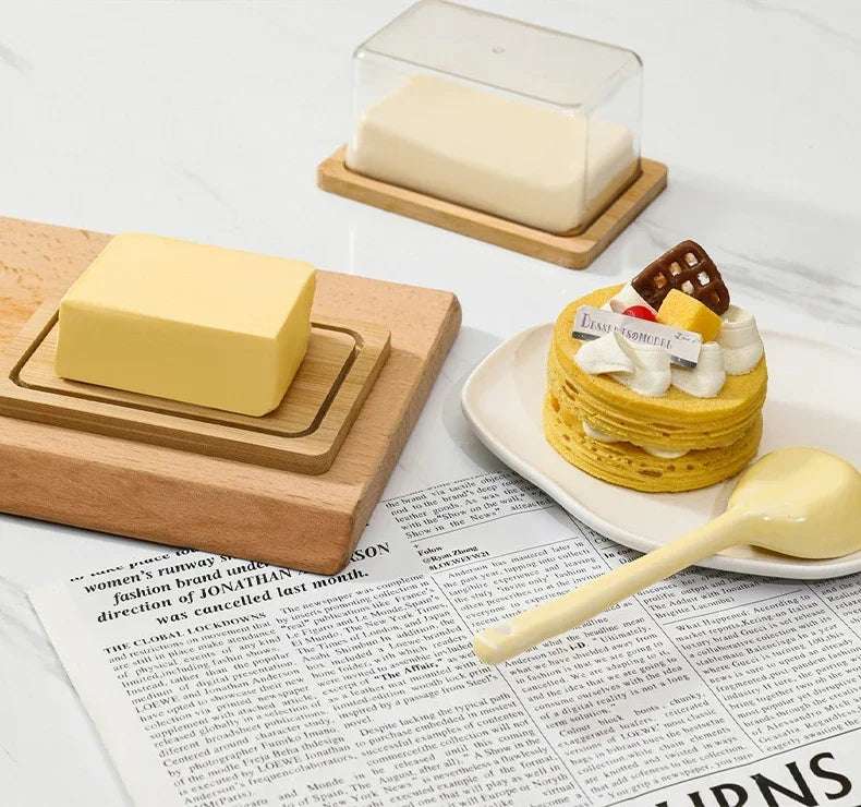 Nordic Countertop Bamboo Butter Dish Plate with Transparent Acrylic Lid Kitchen Storage Butter Container Box Butter Tableware