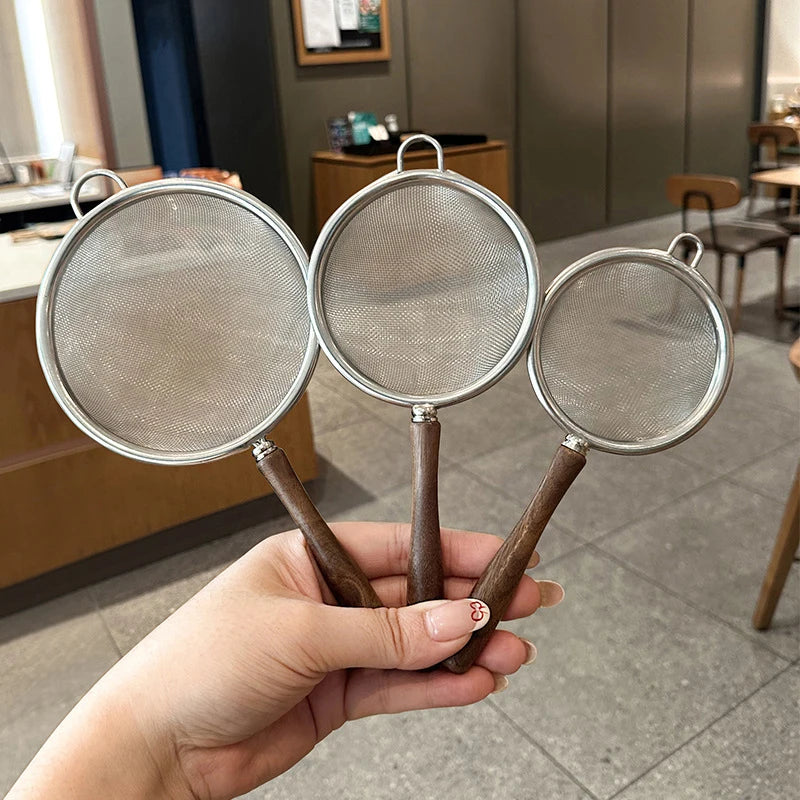 Wooden Handle Stainless Steel Small Colander Fine Mesh Oil Strainer Multi-function Filter Mesh Flour Sifter Kitchen Baking Tools