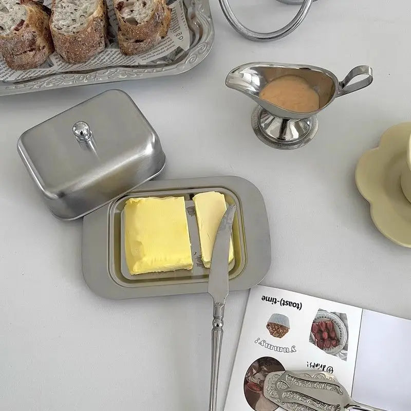 Stainless Steel Butter Tray,Retro French Butter Box Storage Box with Lid Butter Tray, Tableware Dessert Tray,Kitchen Tableware