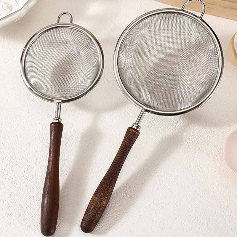 Wooden Handle Stainless Steel Small Colander Fine Mesh Oil Strainer Multi-function Filter Mesh Flour Sifter Kitchen Baking Tools