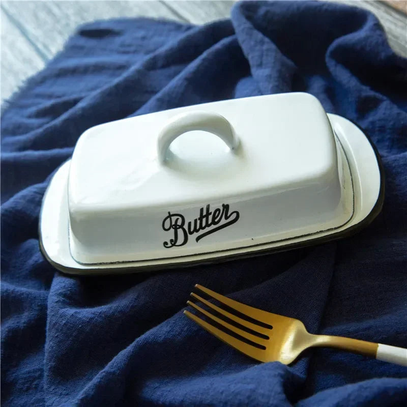 Retro Nostalgic Enamel Butter Box with Lid Snack Tray Home Kitchen Tableware Cheese Storage Box Butter Dish Cheese Plate