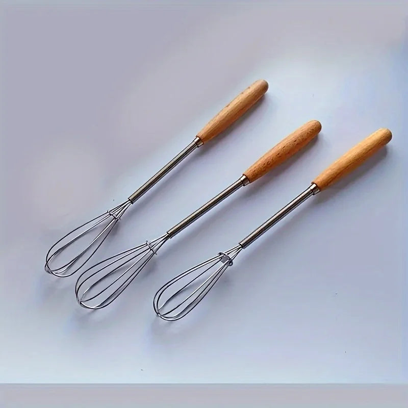 Whisk with Solid Wood Handle Kitchen Mini Stainless Steel Egg Beater Milk Whipper Whisk Wire for Blending Beating