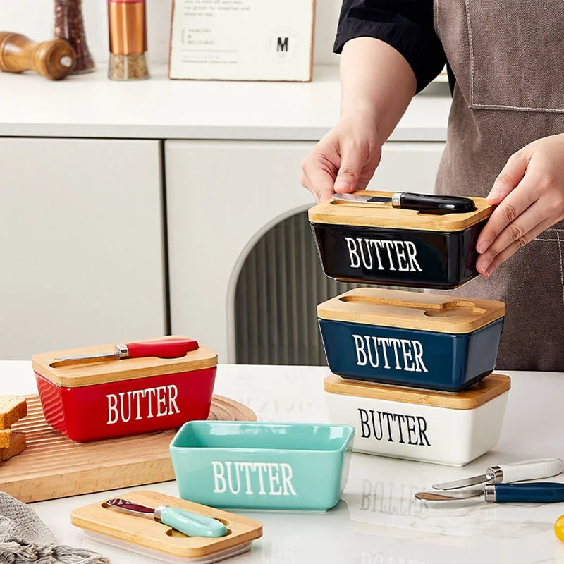1set ceramic butter box, rectangular cheese butter sealed box, household kitchen food storage box, gift