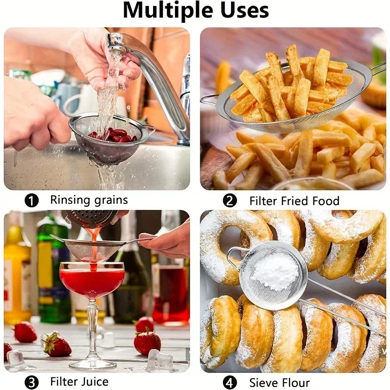 3pcs Sets Stainless Steel Fine Mesh Food Strainer Sifter for Baking with Handle Flour Sieve Sifter Juice Soy Milk Kitchen Tool