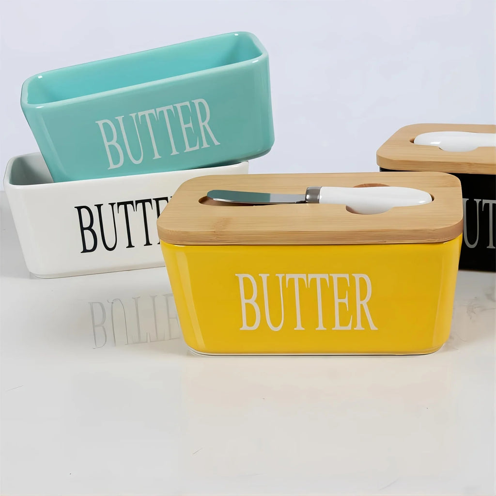 Ceramic Butter Boxes Dishes Cans Cheese Trays Vertical Containers Kitchen Food Storage Containers with Round Wooden Covers