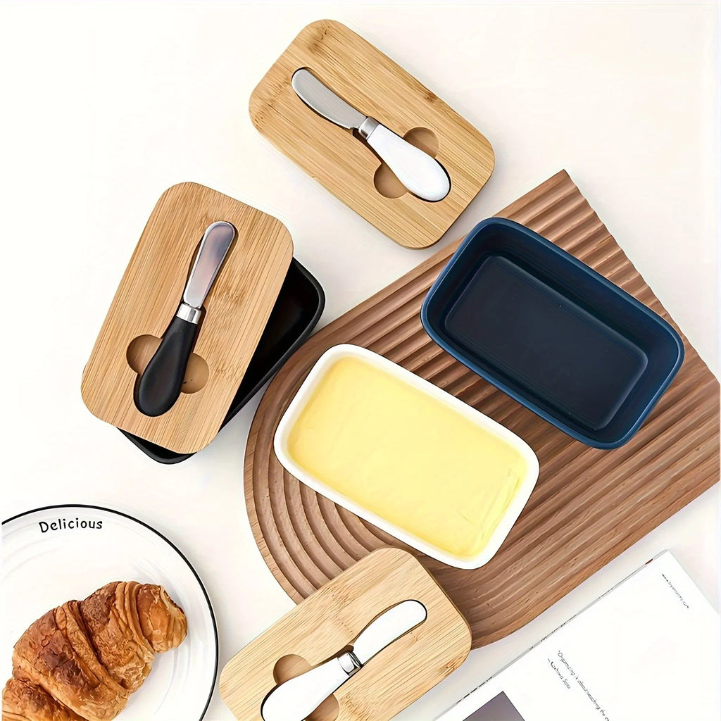 Ceramic Butter Boxes Dishes Cans Cheese Trays Vertical Containers Kitchen Food Storage Containers with Round Wooden Covers