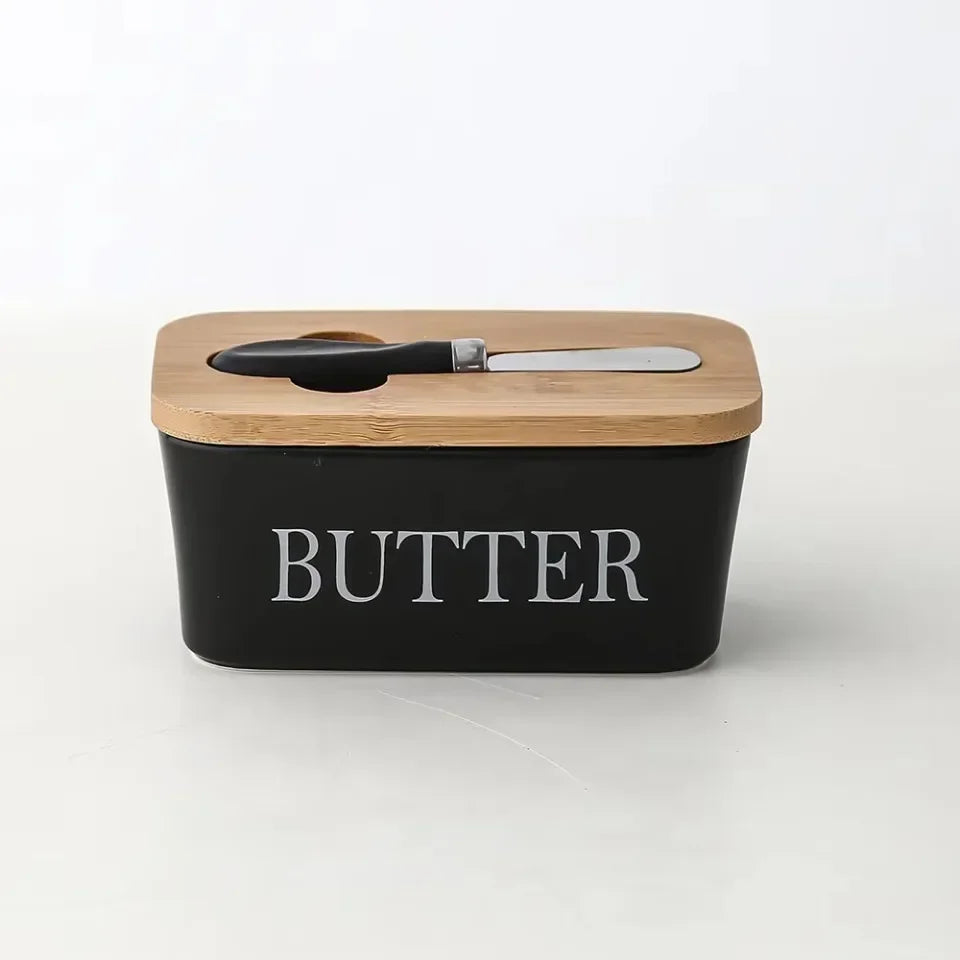 1pc Ceramic Butter Cheese Container Box Household Kitchen Restaurant Butter Storage Box with Knife Bamboo Wood Lid Butter Box