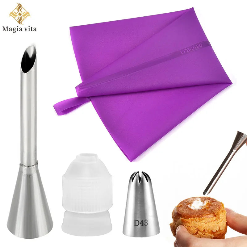 DIY Reusable Puff Cake Tip Silicone Pastry Bag Cream Butter Stainless Steel Nozzle Decor Baking Piping Bags Kitchen Tools