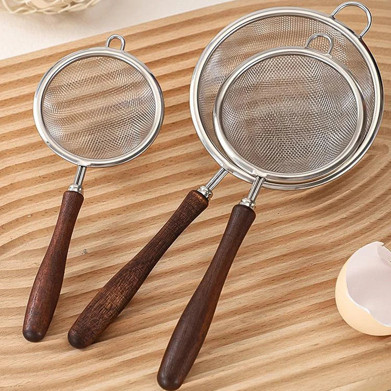 Wooden Handle Stainless Steel Small Colander Fine Mesh Oil Strainer Multi-function Filter Mesh Flour Sifter Kitchen Baking Tools