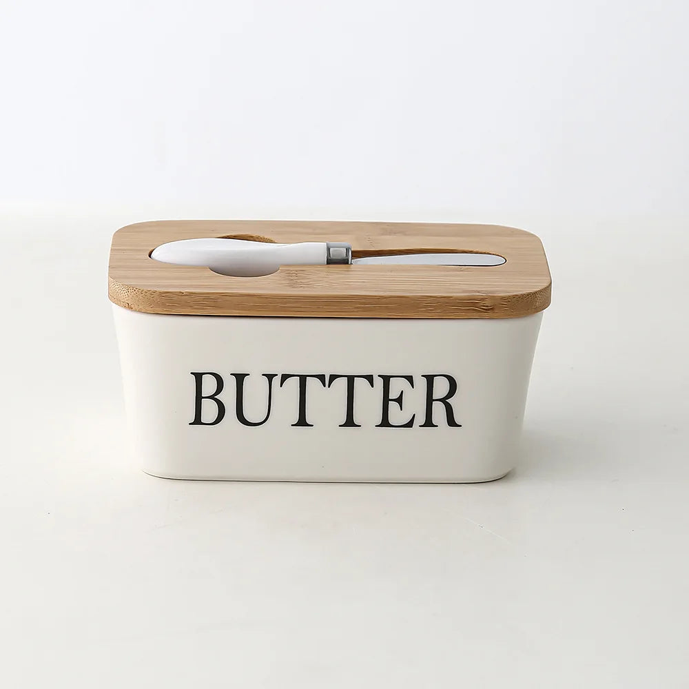 1pc Ceramic Butter Cheese Container Box Household Kitchen Restaurant Butter Storage Box with Knife Bamboo Wood Lid Butter Box
