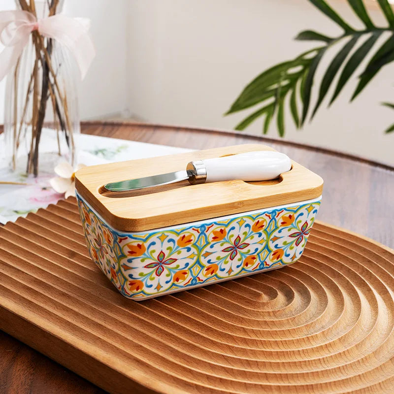 1set of country-style ceramic butter box, retro home kitchen cheese butter refrigerated box, butter dish, gift