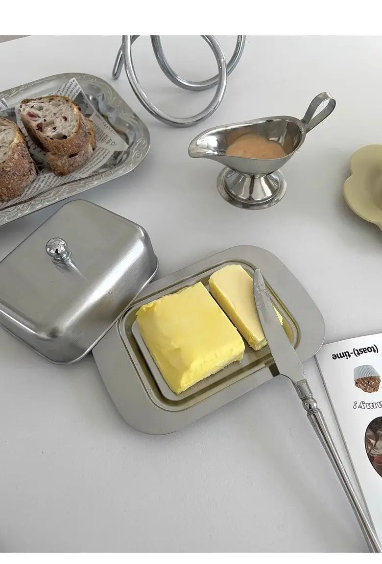Stainless Steel Butter Tray,Retro French Butter Box Storage Box with Lid Butter Tray, Tableware Dessert Tray,Kitchen Tableware