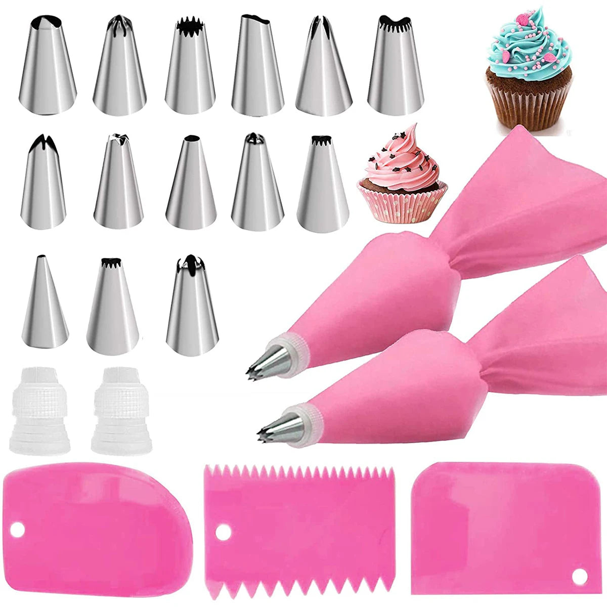 21 Pcs Piping Bag and Tip Set Stainless Steel Cake Decoration Supplies Kit with 14 Piping Tips 2 Pastry Bags 2 Couplers 3 Icing