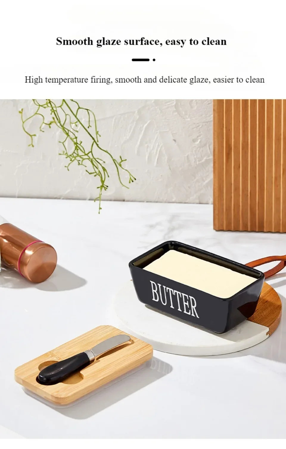 1pc Ceramic Butter Cheese Container Box Household Kitchen Restaurant Butter Storage Box with Knife Bamboo Wood Lid Butter Box