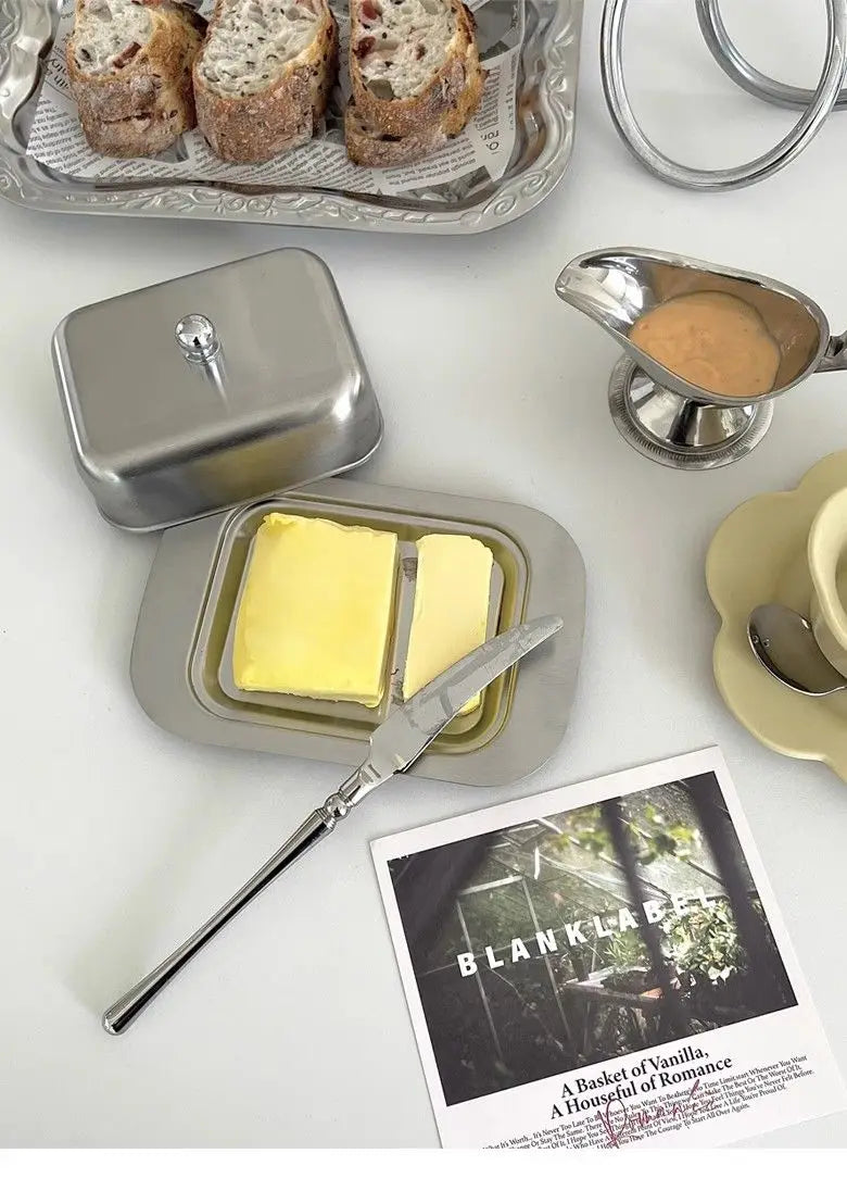 Stainless Steel Butter Tray,Retro French Butter Box Storage Box with Lid Butter Tray, Tableware Dessert Tray,Kitchen Tableware