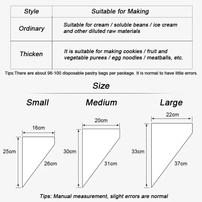 100pcs Thicken Disposable Pastry Bag Small/Large Size Piping Bag for All Size Nozzles Cake Cream Bag Bakeware Tool Fast Shipping