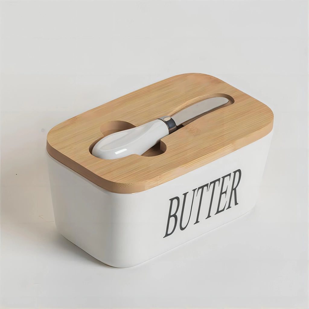 Ceramic Butter Boxes Dishes Cans Cheese Trays Vertical Containers Kitchen Food Storage Containers with Round Wooden Covers