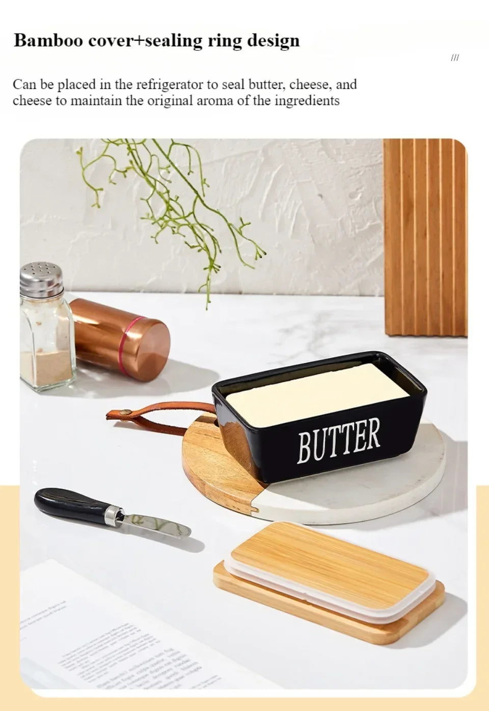 1pc Ceramic Butter Cheese Container Box Household Kitchen Restaurant Butter Storage Box with Knife Bamboo Wood Lid Butter Box