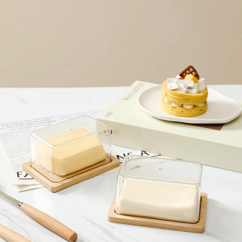 Nordic Countertop Bamboo Butter Dish Plate with Transparent Acrylic Lid Kitchen Storage Butter Container Box Butter Tableware