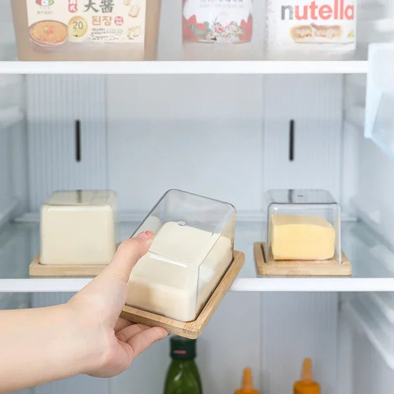 Nordic Countertop Bamboo Butter Dish Plate with Transparent Acrylic Lid Kitchen Storage Butter Container Box Butter Tableware