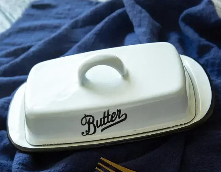 Retro Nostalgic Enamel Butter Box with Lid Snack Tray Home Kitchen Tableware Cheese Storage Box Butter Dish Cheese Plate