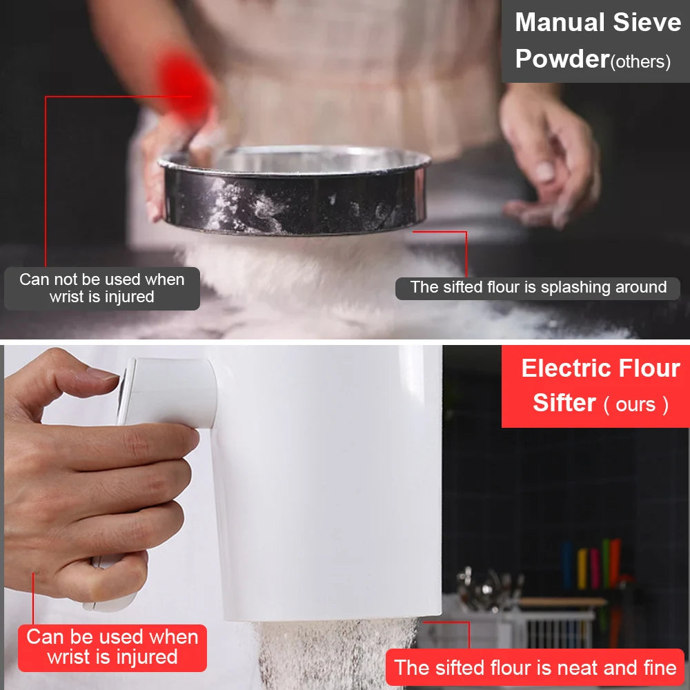 Handheld Icing Sugar Powder Electric Flour Sieve Screen Cup Shaped Baking Flour Sifter Kitchen Pastry Cake Tool Stainless Steel