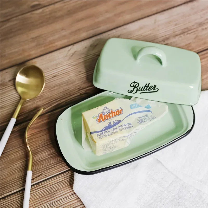 Retro Nostalgic Enamel Butter Box with Lid Snack Tray Home Kitchen Tableware Cheese Storage Box Butter Dish Cheese Plate