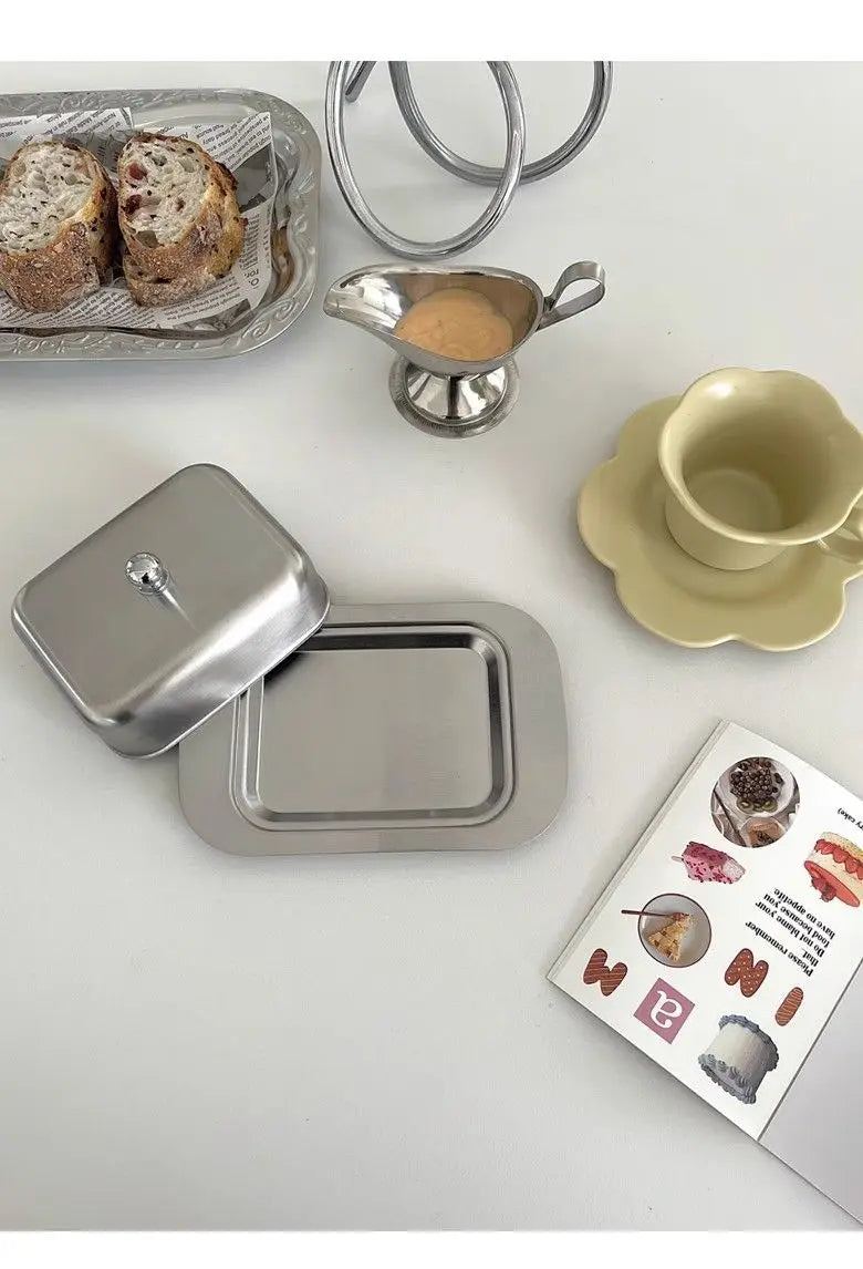 Stainless Steel Butter Tray,Retro French Butter Box Storage Box with Lid Butter Tray, Tableware Dessert Tray,Kitchen Tableware