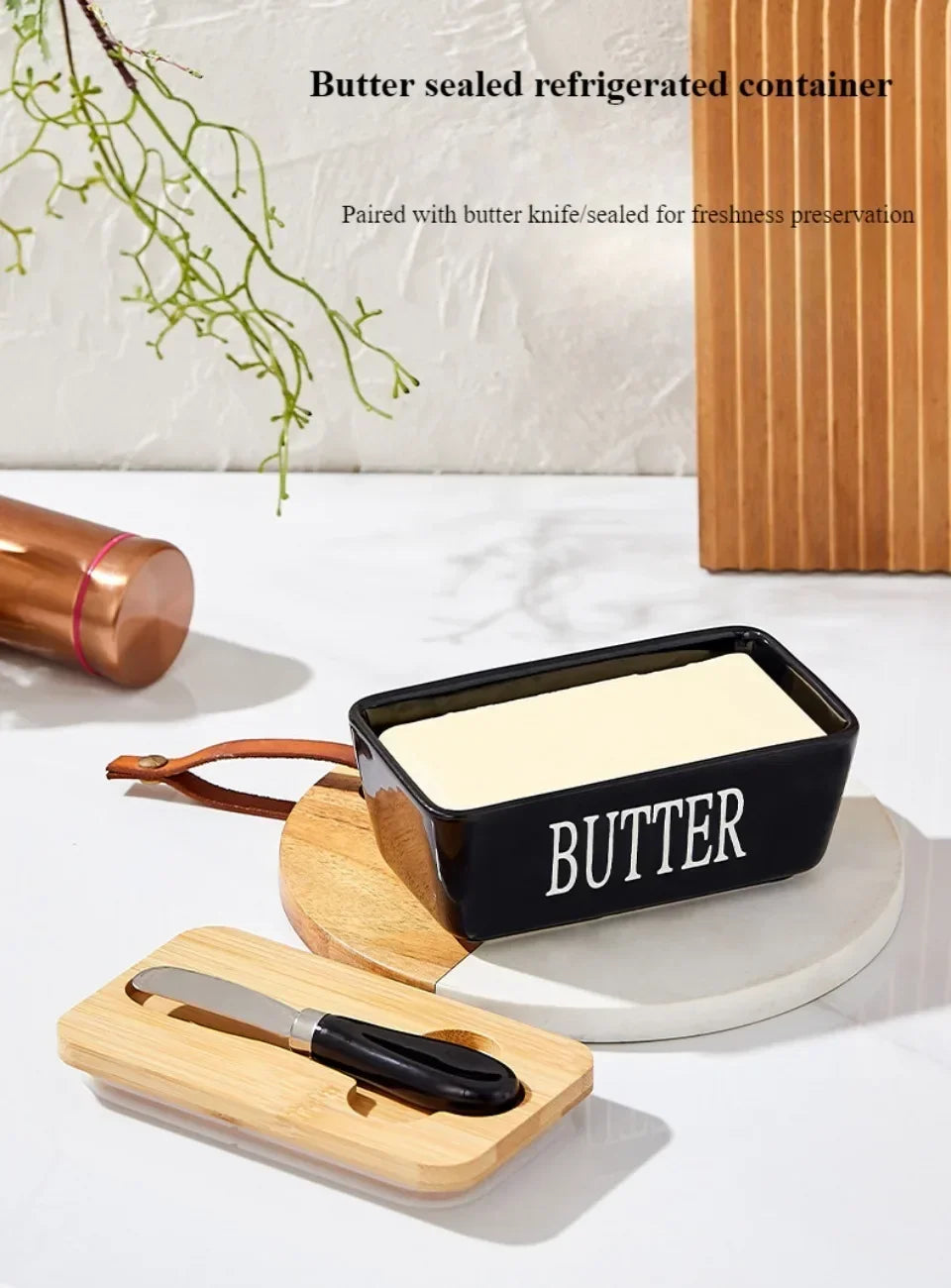 1pc Ceramic Butter Cheese Container Box Household Kitchen Restaurant Butter Storage Box with Knife Bamboo Wood Lid Butter Box