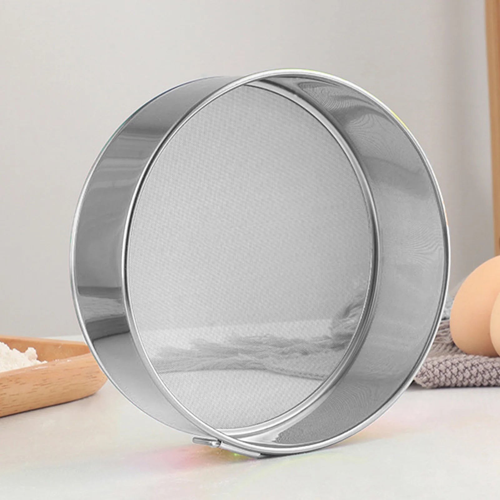 Round Sifter 80 Mesh Large Size Silver Titanium Plated Filter Anti Stick Coated Stainless Steel Flour Sieve for Powdered Sugar