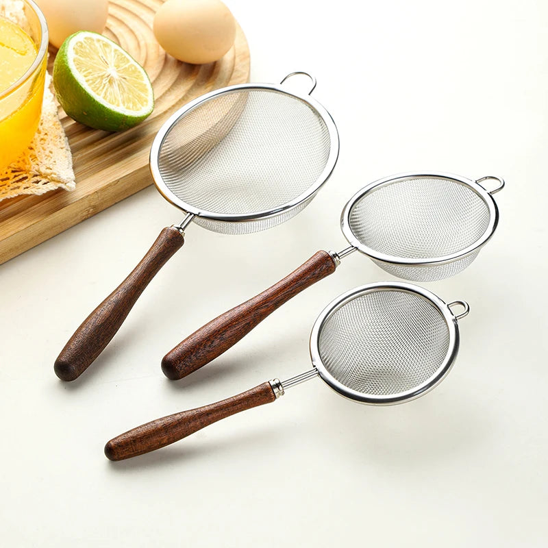Wooden Handle Stainless Steel Small Colander Fine Mesh Oil Strainer Multi-function Filter Mesh Flour Sifter Kitchen Baking Tools