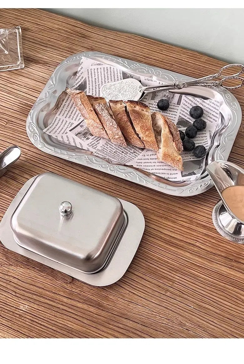 Stainless Steel Butter Tray,Retro French Butter Box Storage Box with Lid Butter Tray, Tableware Dessert Tray,Kitchen Tableware