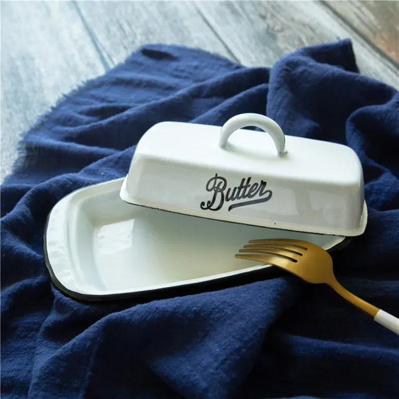 Retro Nostalgic Enamel Butter Box with Lid Snack Tray Home Kitchen Tableware Cheese Storage Box Butter Dish Cheese Plate